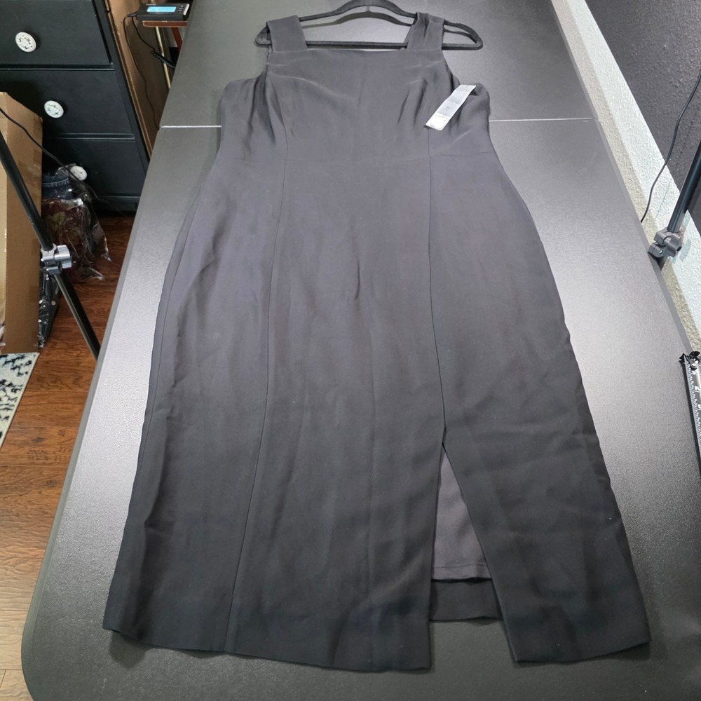 Classiques Entier Black Square Neck Sheath Midi Dress Front Slit Size 14 NWT *